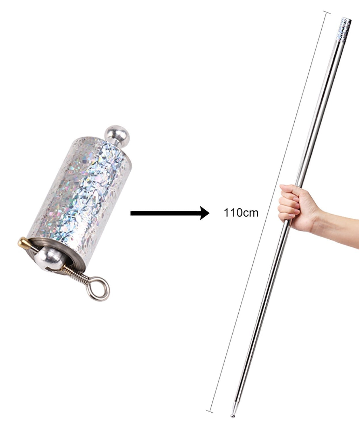 Magic steel cane with focus on its use in performing tricks and illusions.