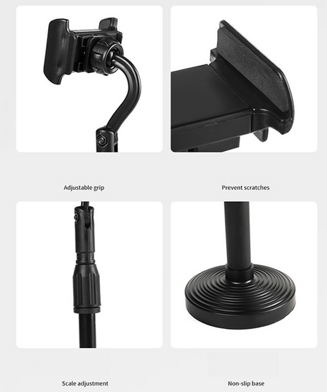 Adjustable mobile phone stand, desktop use, height adjustable, sturdy design for easy viewing.