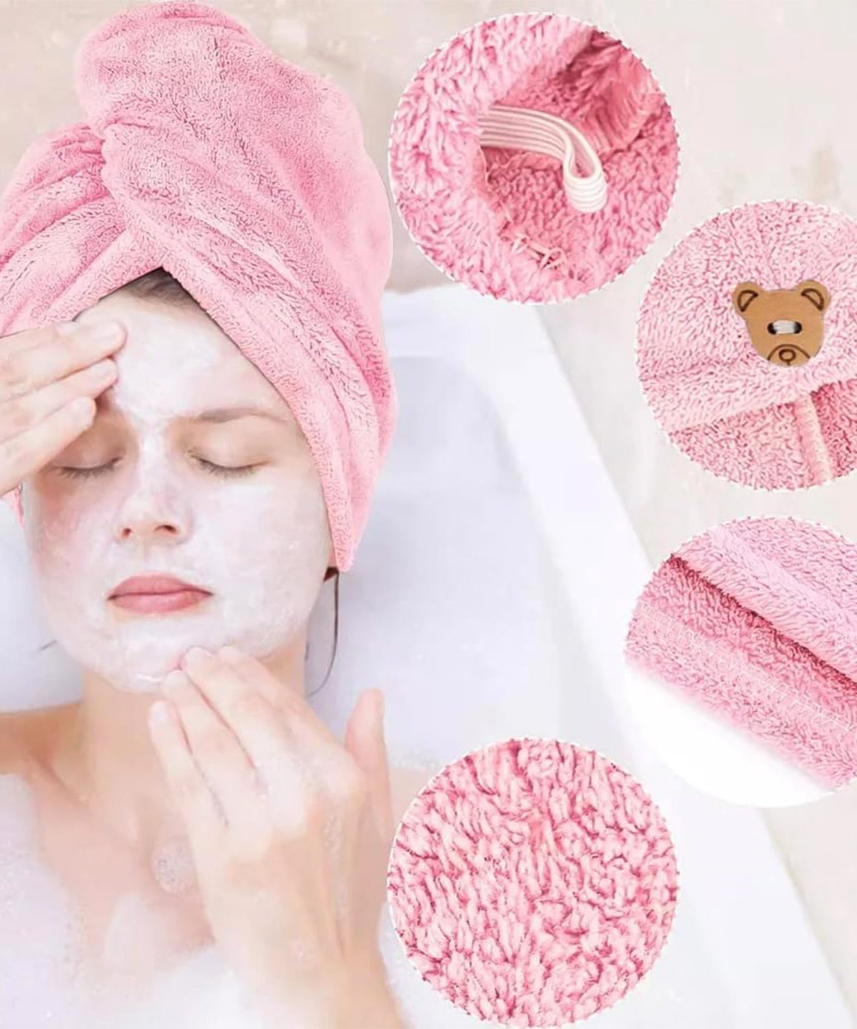 Soft Microfiber Hair Drying Towel Wrap with Cute Teddy Bear Button (1 Pc)