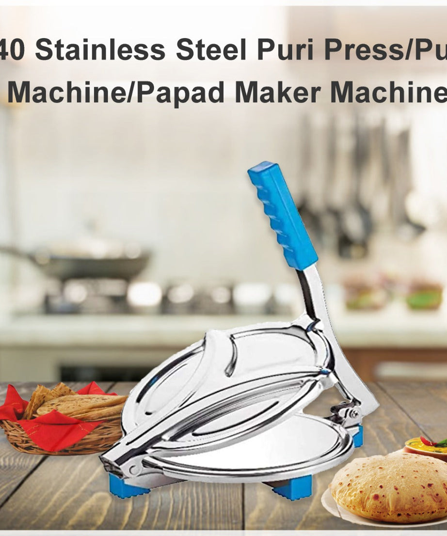 Convenient puri press machine for flattening dough, made of stainless steel.