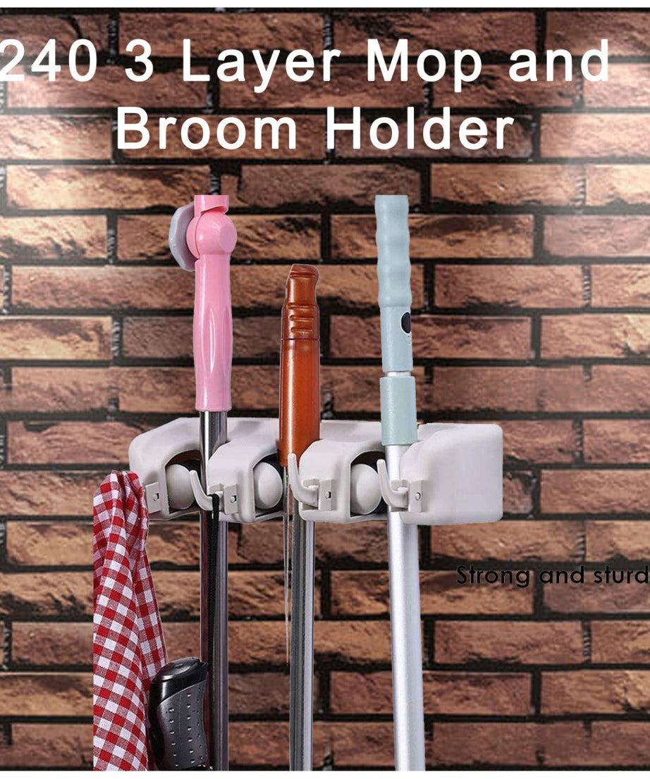 3-layer holder for organizing cleaning tools.