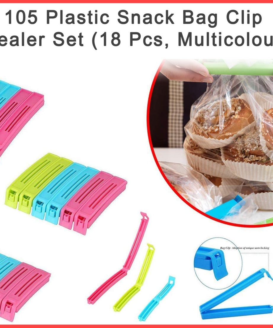 18-piece plastic snack bag clip set in assorted colors