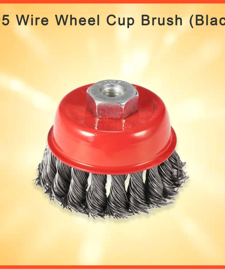 Wire cup brush in black for versatile cleaning.