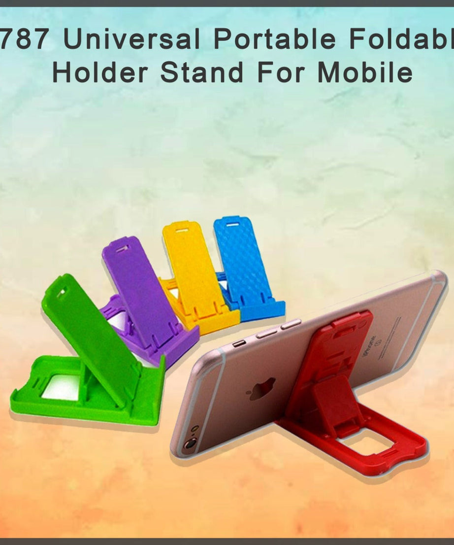 Universal holder stand for phones, features a foldable and portable design.