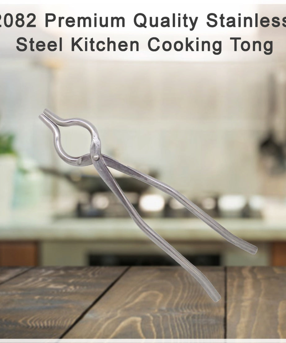 Stainless steel cooking tongs, ideal for handling food.