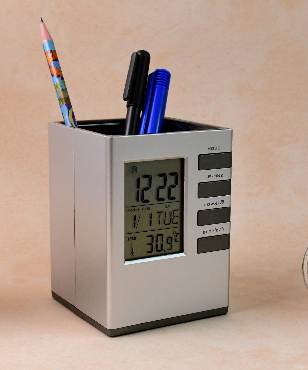 Multifunction Cube Digital Desk Clock with Pen Holder (1 Pc)