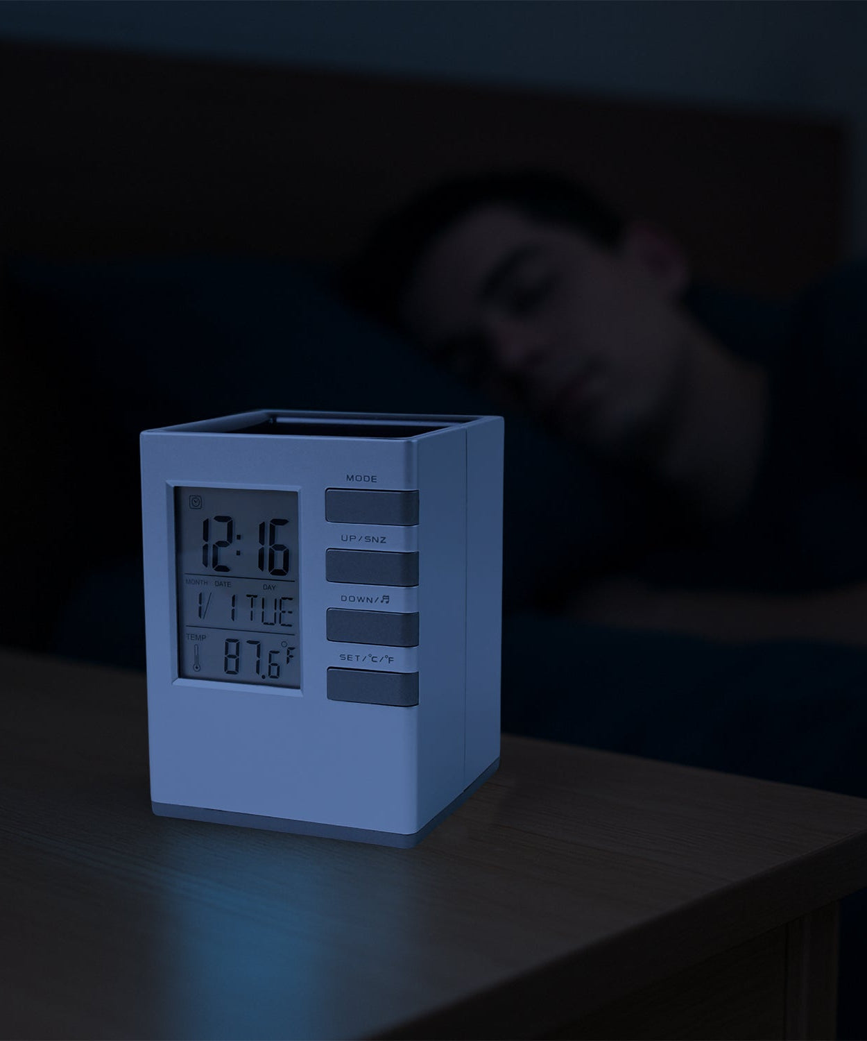 Cube Shape Digital Desk Clock with Pen Storage