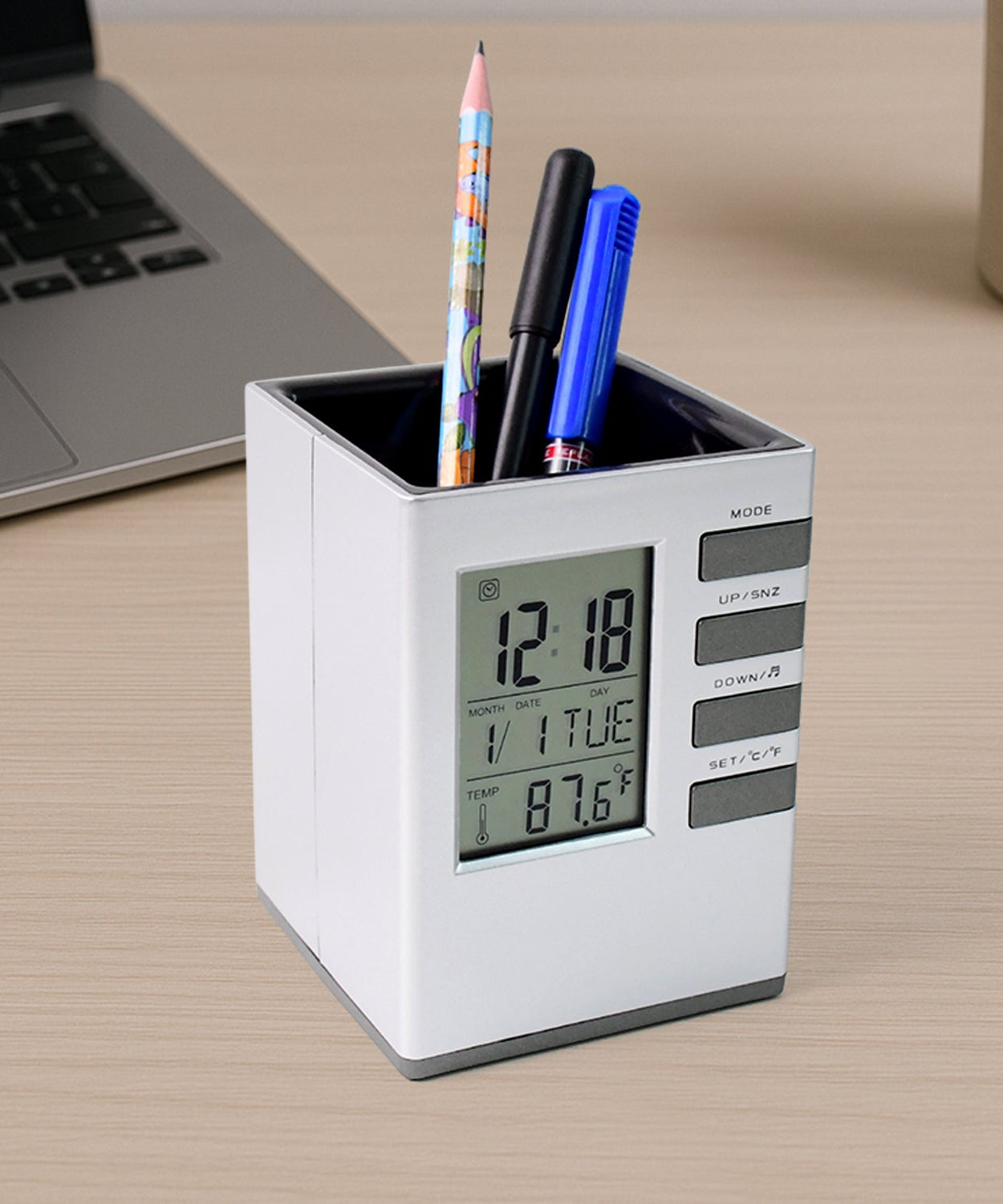 Multifunction Cube Digital Desk Clock with Pen Holder (1 Pc)