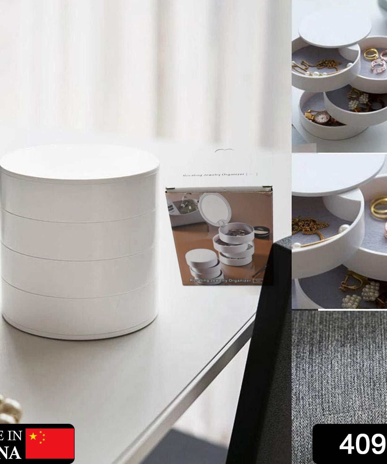 Four-layer jewelry organizer with mirror and rotating feature for easy access.