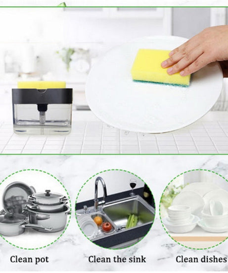 Space-saving liquid soap dispenser with sponge holder