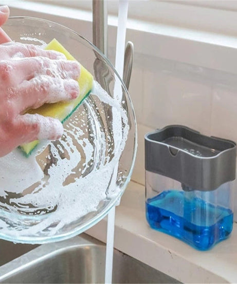 Compact liquid soap dispenser with integrated sponge holder