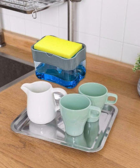 Compact countertop soap dispenser with sponge storage