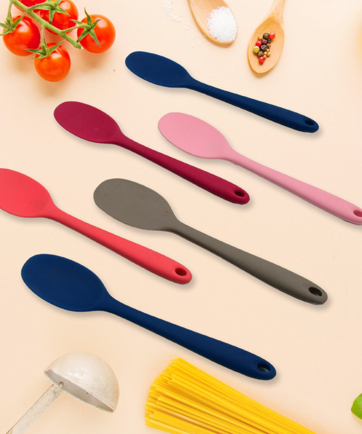 Multipurpose Silicone Spoon, Silicone Basting Spoon Non-Stick Kitchen Utensils Household Gadgets Heat-Resistant Non Stick Spoons Kitchen Cookware Items For Cooking and Baking (6 Pcs Set)