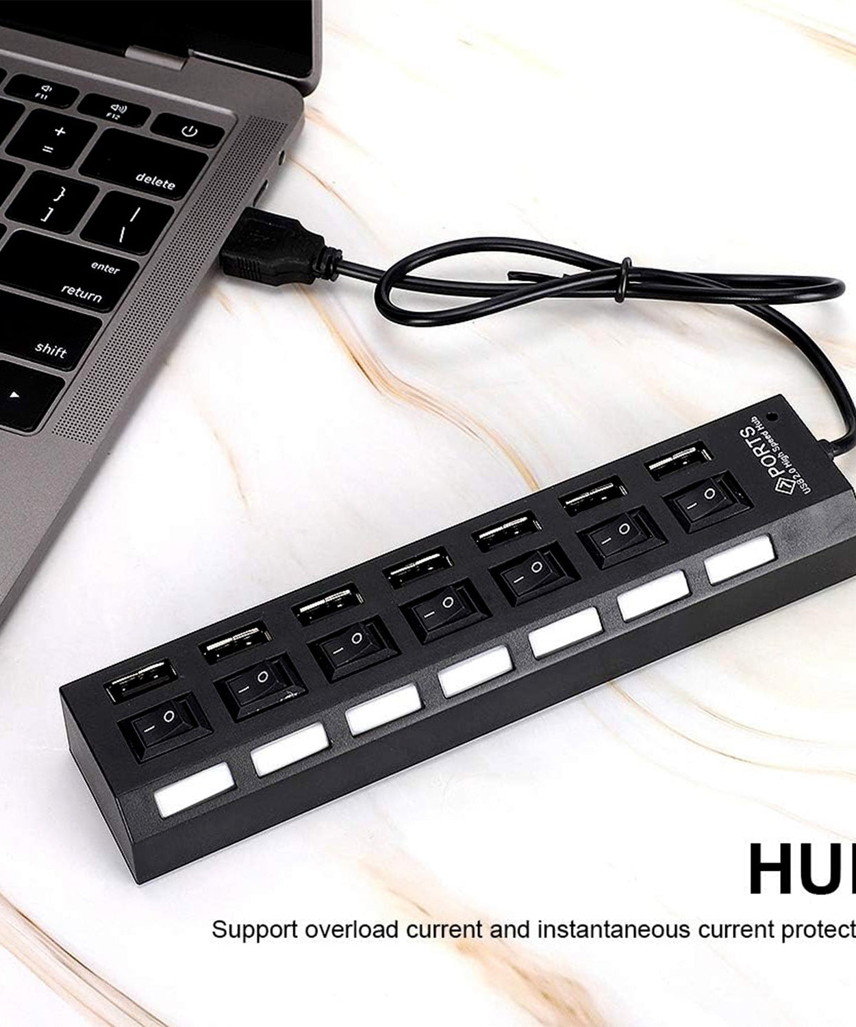 USB Splitter Multi Port USB 2.0 Hub, 7 Port with Independent On/Off Switch and LED Indicators USB A Port Data Hub, Suitable for PC Computer Keyboard Laptop Mobile HDD, Flash Drive  Etc