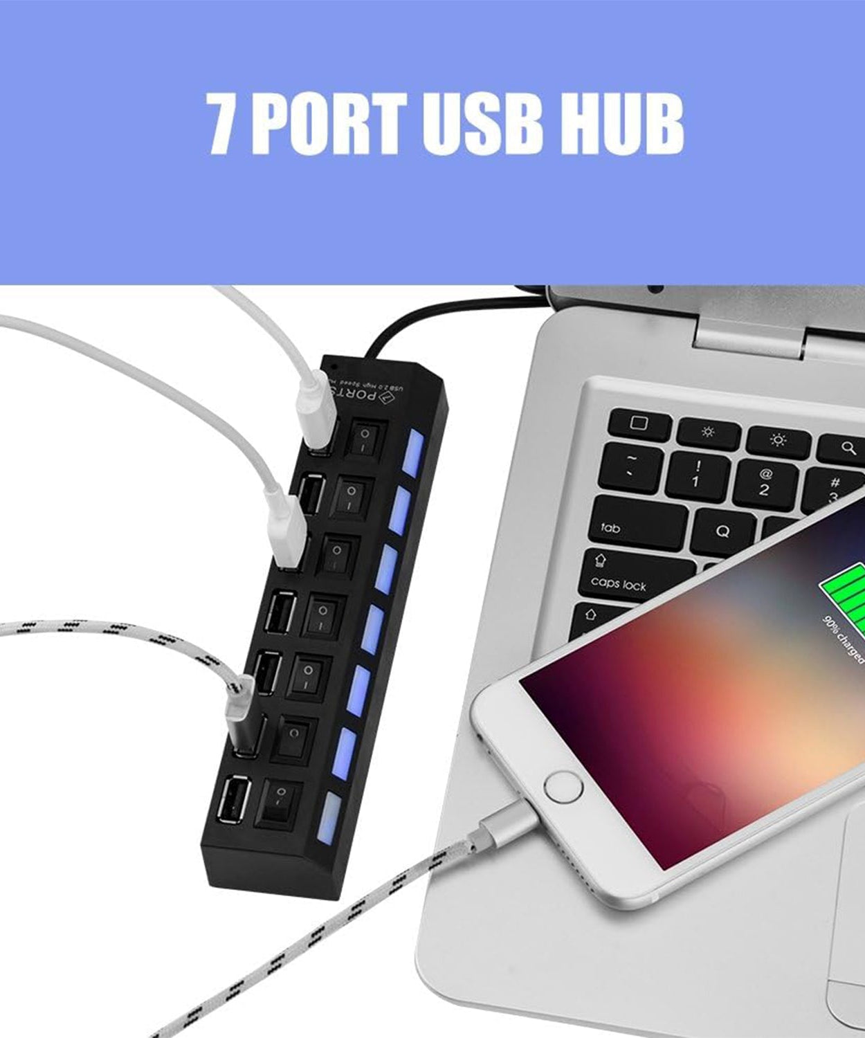 USB Splitter Multi Port USB 2.0 Hub, 7 Port with Independent On/Off Switch and LED Indicators USB A Port Data Hub, Suitable for PC Computer Keyboard Laptop Mobile HDD, Flash Drive  Etc