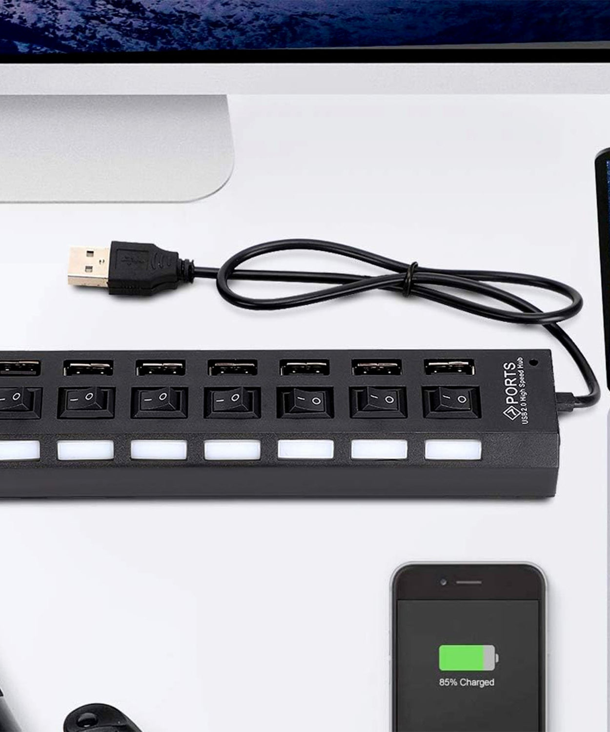 USB Splitter Multi Port USB 2.0 Hub, 7 Port with Independent On/Off Switch and LED Indicators USB A Port Data Hub, Suitable for PC Computer Keyboard Laptop Mobile HDD, Flash Drive  Etc