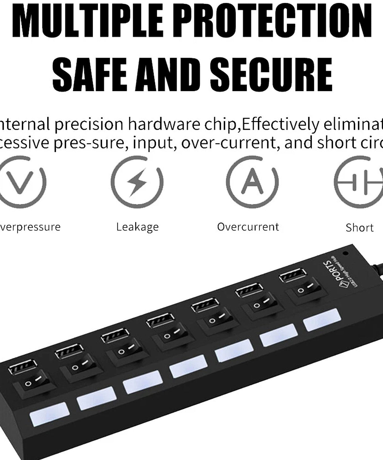 USB Splitter Multi Port USB 2.0 Hub, 7 Port with Independent On/Off Switch and LED Indicators USB A Port Data Hub, Suitable for PC Computer Keyboard Laptop Mobile HDD, Flash Drive  Etc