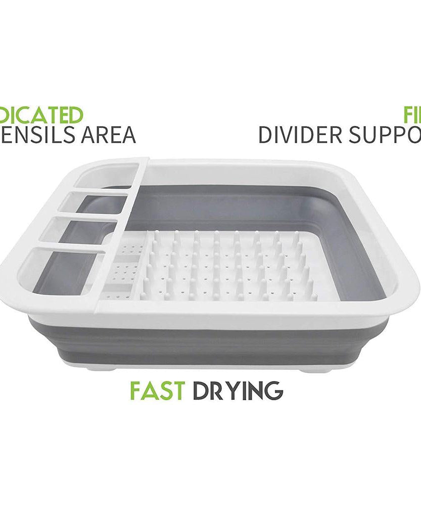 Folding silicone dish drainer with integrated storage for cutlery