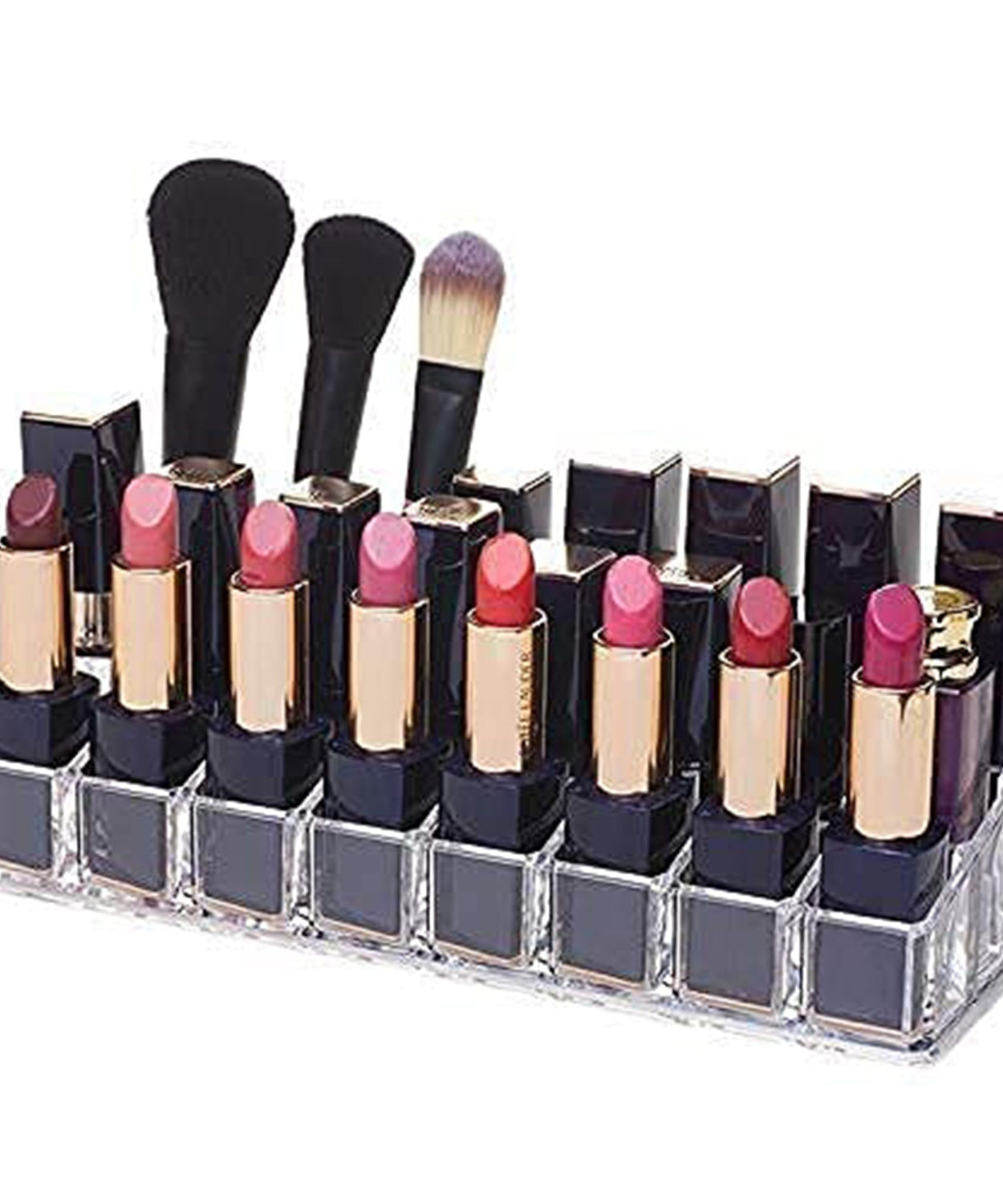 Acrylic lipstick and cosmetics stand with 24 sections, showcasing its clear and organized design