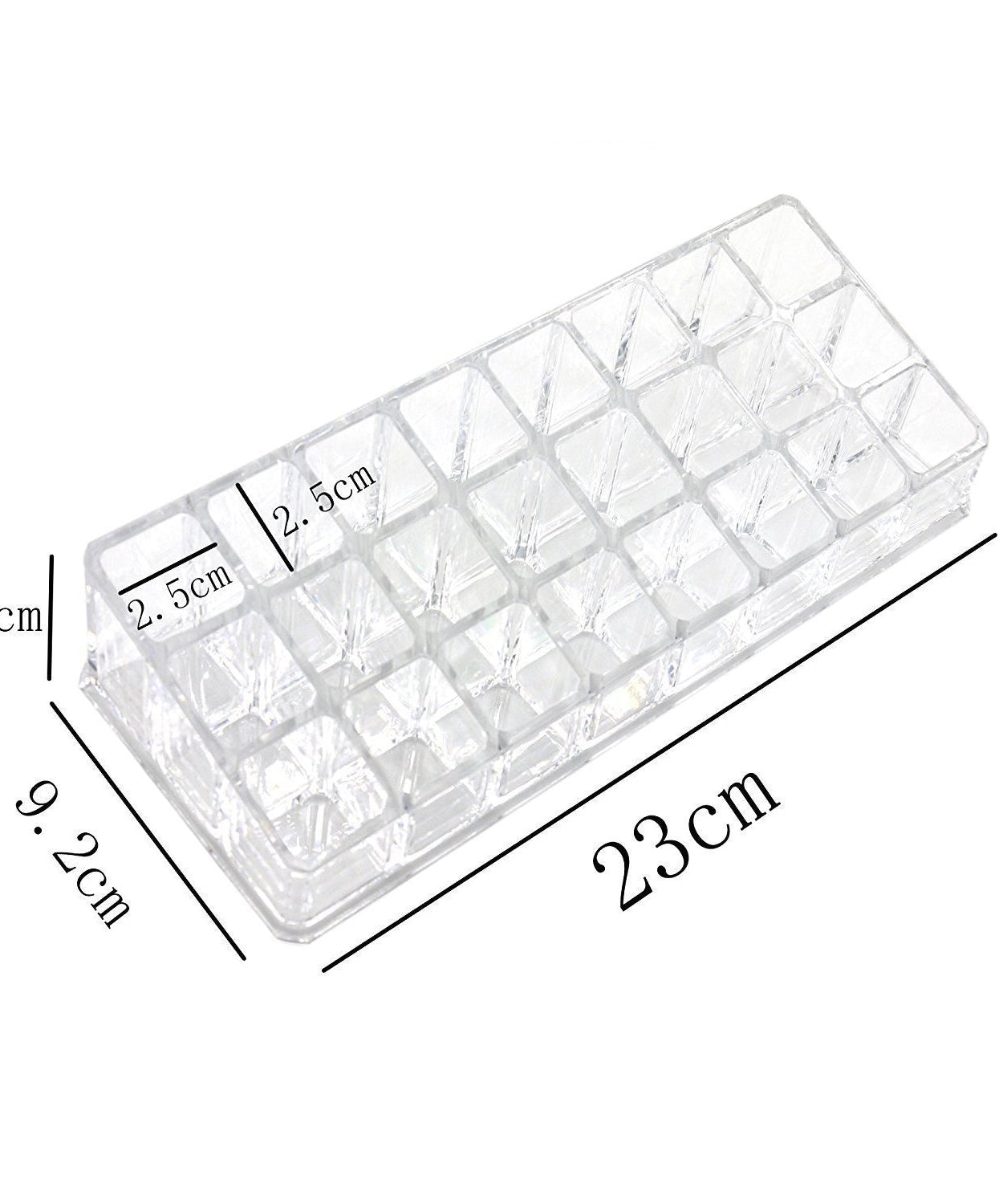 Acrylic lipstick and cosmetics organizer with multiple sections, displaying its functionality