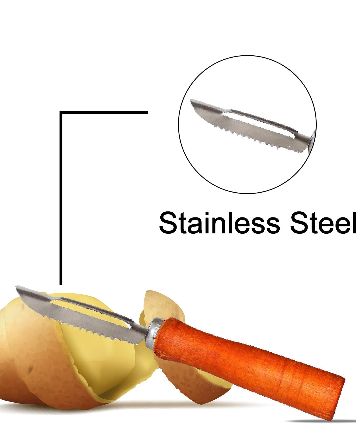 Stainless steel peeler for vegetables, wooden handle