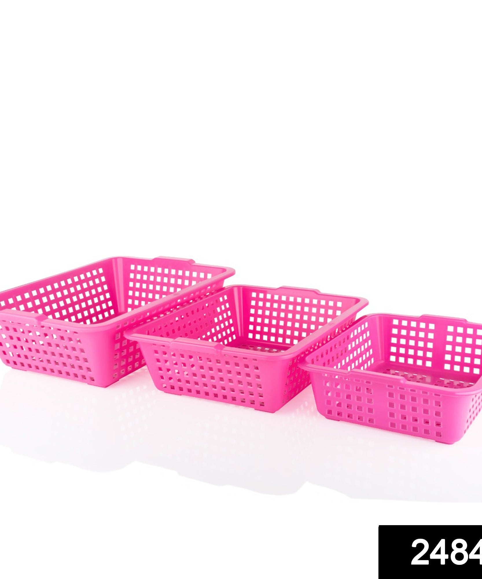 Multiple size plastic fruit baskets, large, medium, and small
