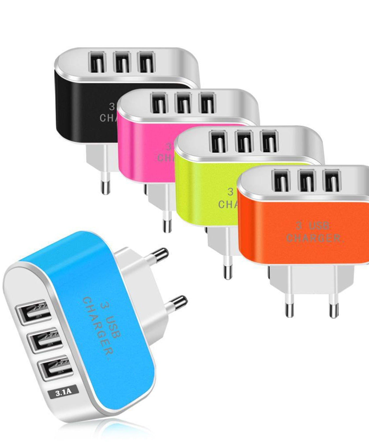 USB wall adapter with three charging ports, emphasizing its usability and design