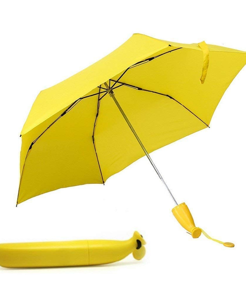 Banana-shaped mini umbrella, foldable and trendy design.