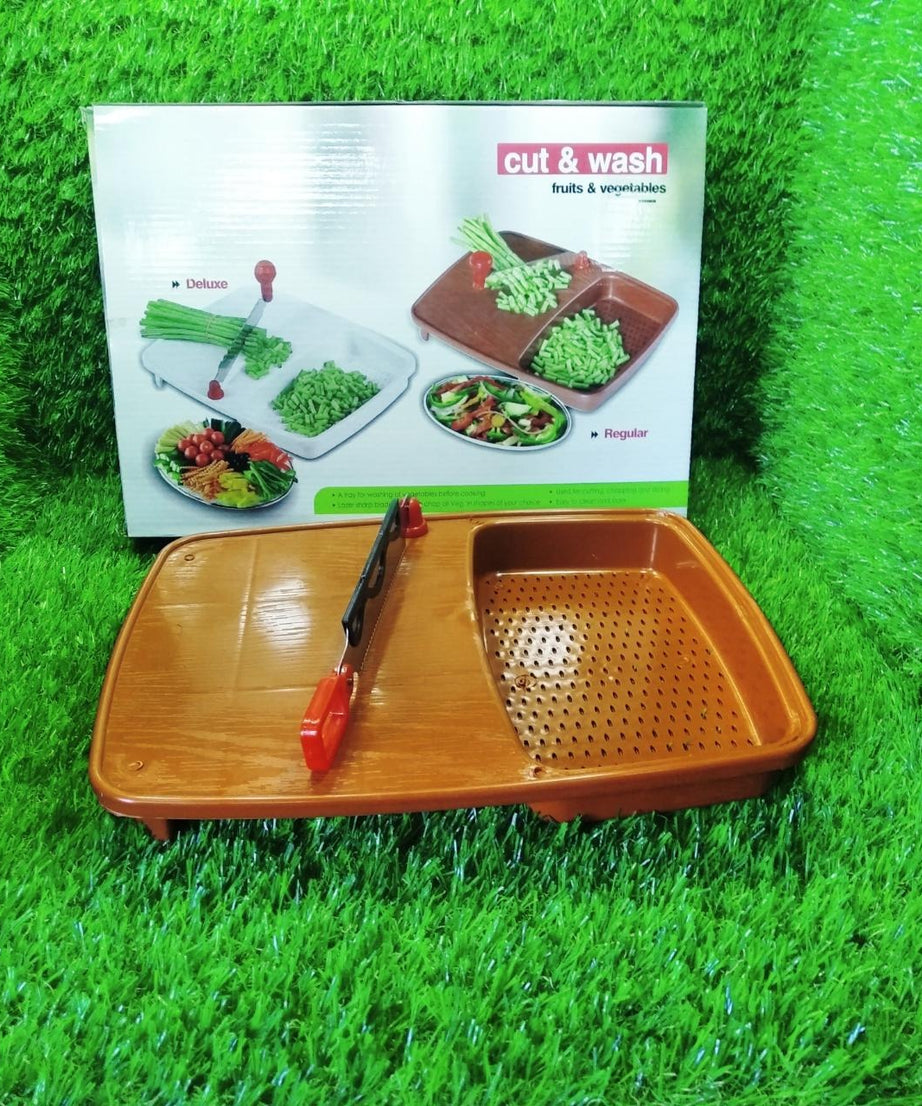 Fruit and vegetable prep box with tray, used for cutting and washing in the kitchen.