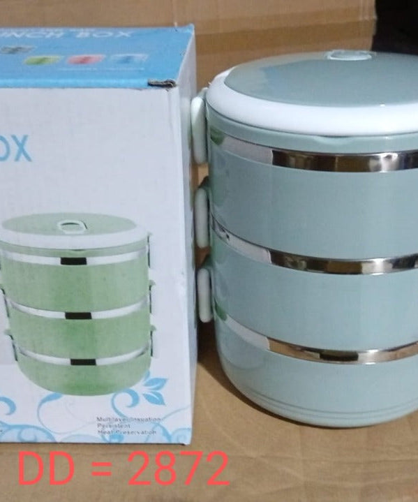 Multi-layer stainless steel lunch box with three sections.