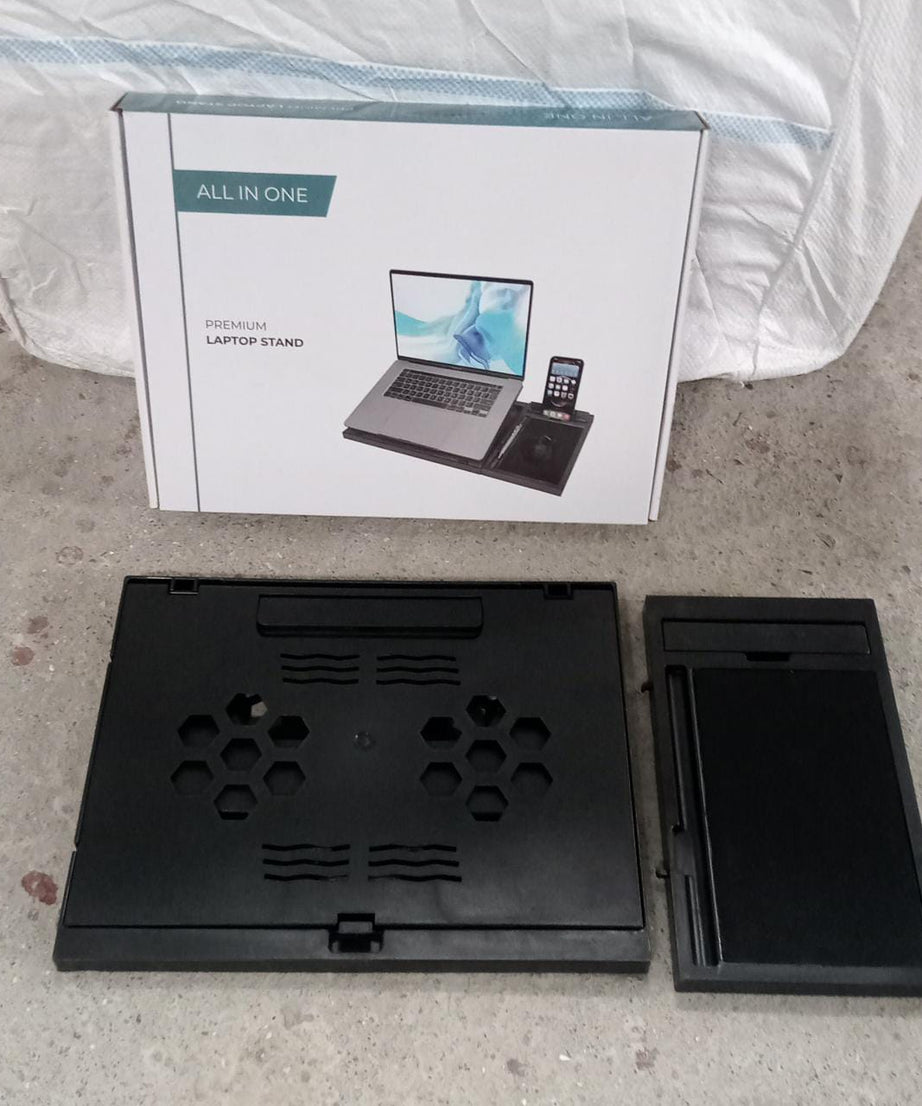 Laptop stand with phone holder, foldable, portable, for MacBook and tablets.