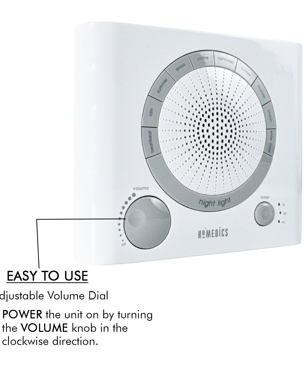 Angle view of sleep therapy machine with sounds and timer features.