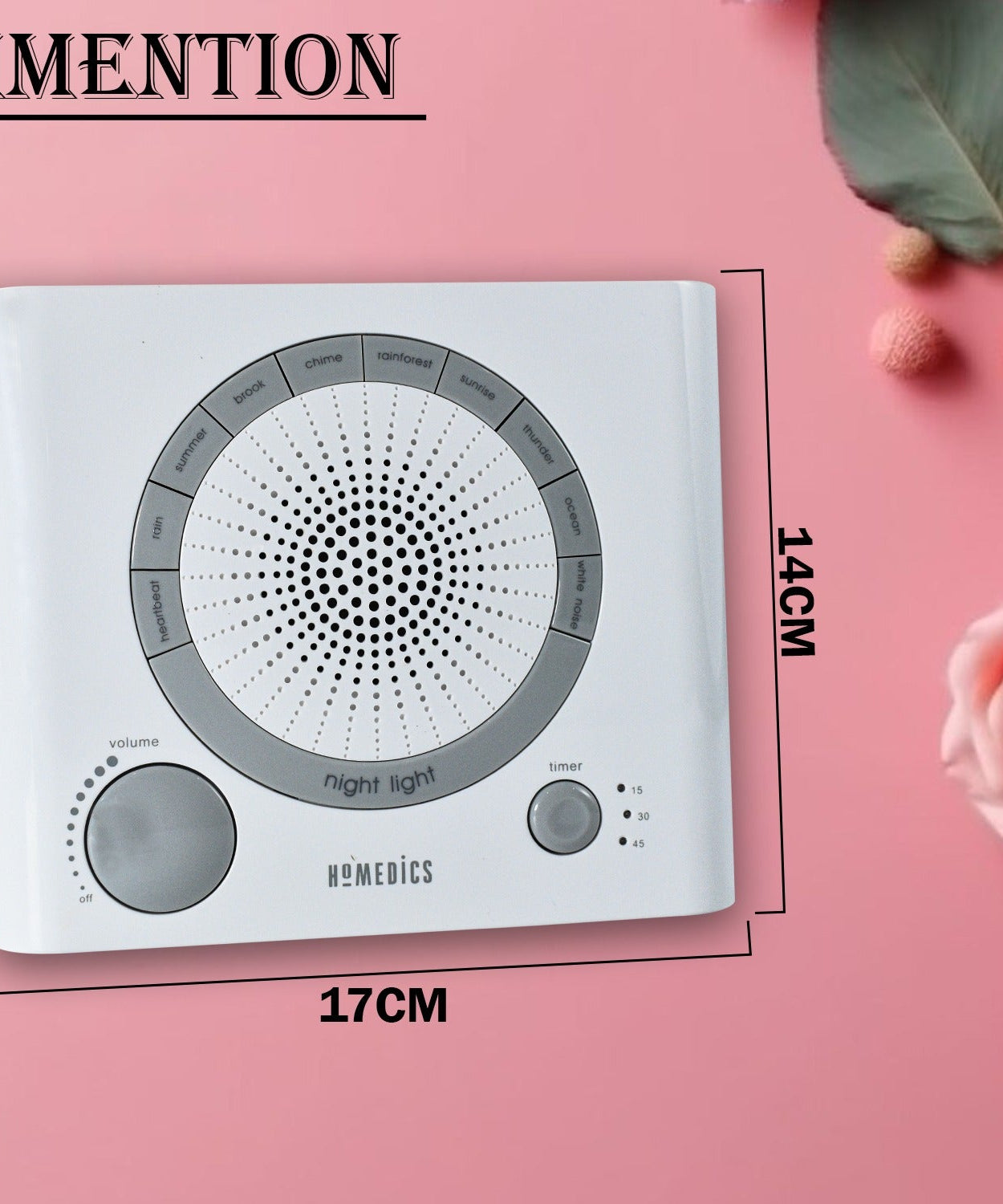 Top view of sleep therapy machine with sounds and timer settings.
