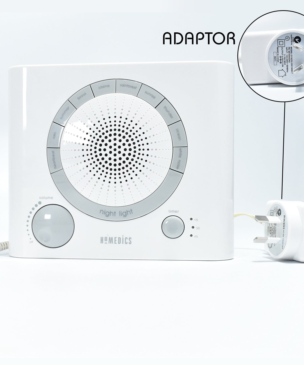 Sleep therapy machine with focus on timer and sound selection features.