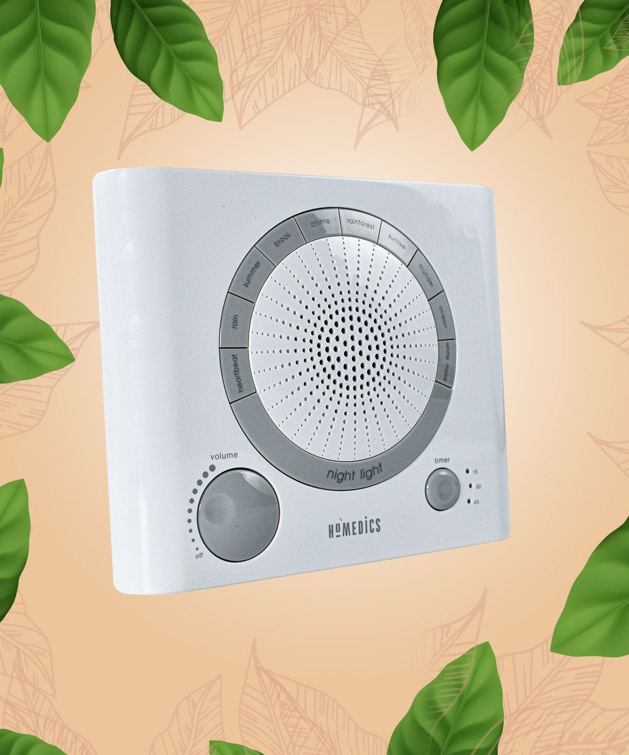 Sleep therapy machine with detailed view of sound options and controls.