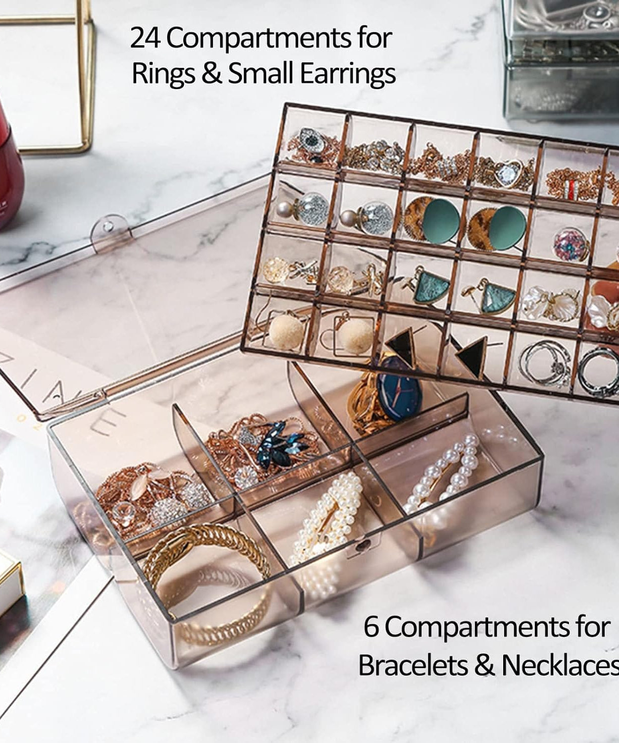 2 layer Acrylic Jewelry Storage Box Dustproof Earring Box, Storage Box Portable Nail Art Storage Case, 24-Grid Small and 6-Grid Big case Makeup Vanity Box (1 Pc / 30 Compartment)