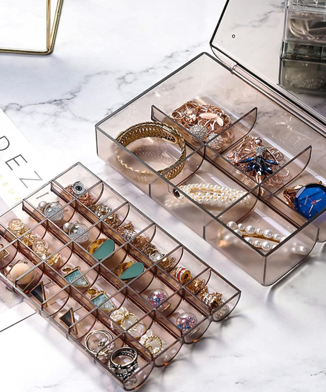 2 layer Acrylic Jewelry Storage Box Dustproof Earring Box, Storage Box Portable Nail Art Storage Case, 24-Grid Small and 6-Grid Big case Makeup Vanity Box (1 Pc / 30 Compartment)