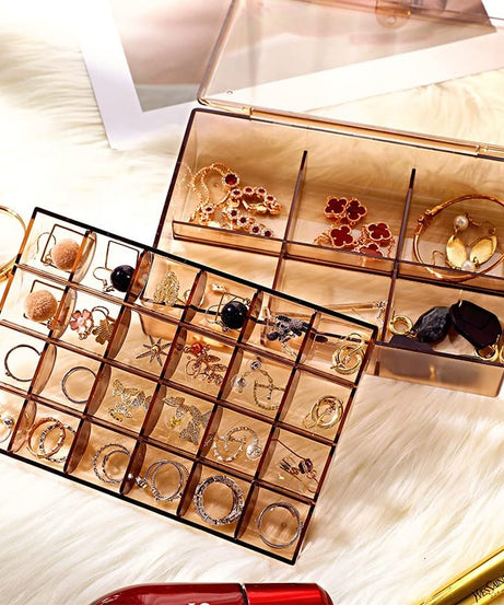 2 layer Acrylic Jewelry Storage Box Dustproof Earring Box, Storage Box Portable Nail Art Storage Case, 24-Grid Small and 6-Grid Big case Makeup Vanity Box (1 Pc / 30 Compartment)