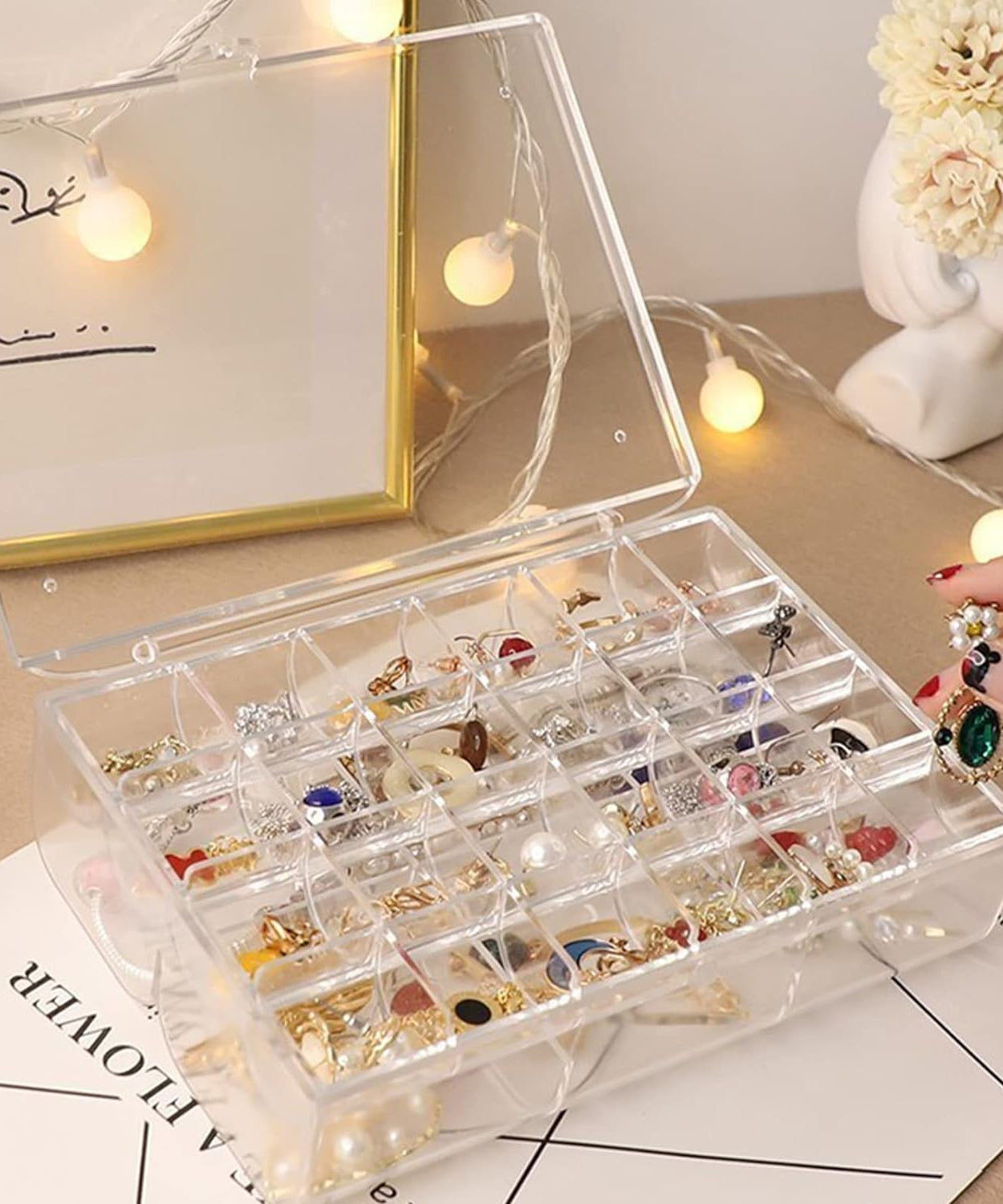 2 layer Acrylic Jewelry Storage Box Dustproof Earring Box, Storage Box Portable Nail Art Storage Case, 24-Grid Small and 6-Grid Big case Makeup Vanity Box (1 Pc / 30 Compartment)