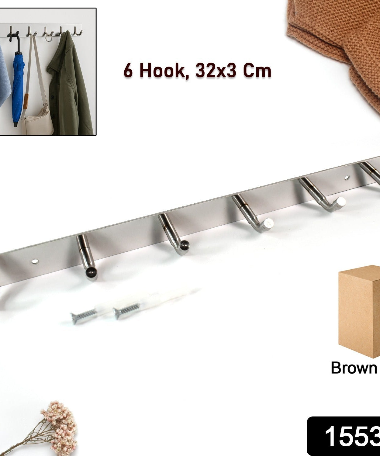 Stainless Steel Wall Mounted Coat 6 Hook Rack (32x3 / 1Pc)
