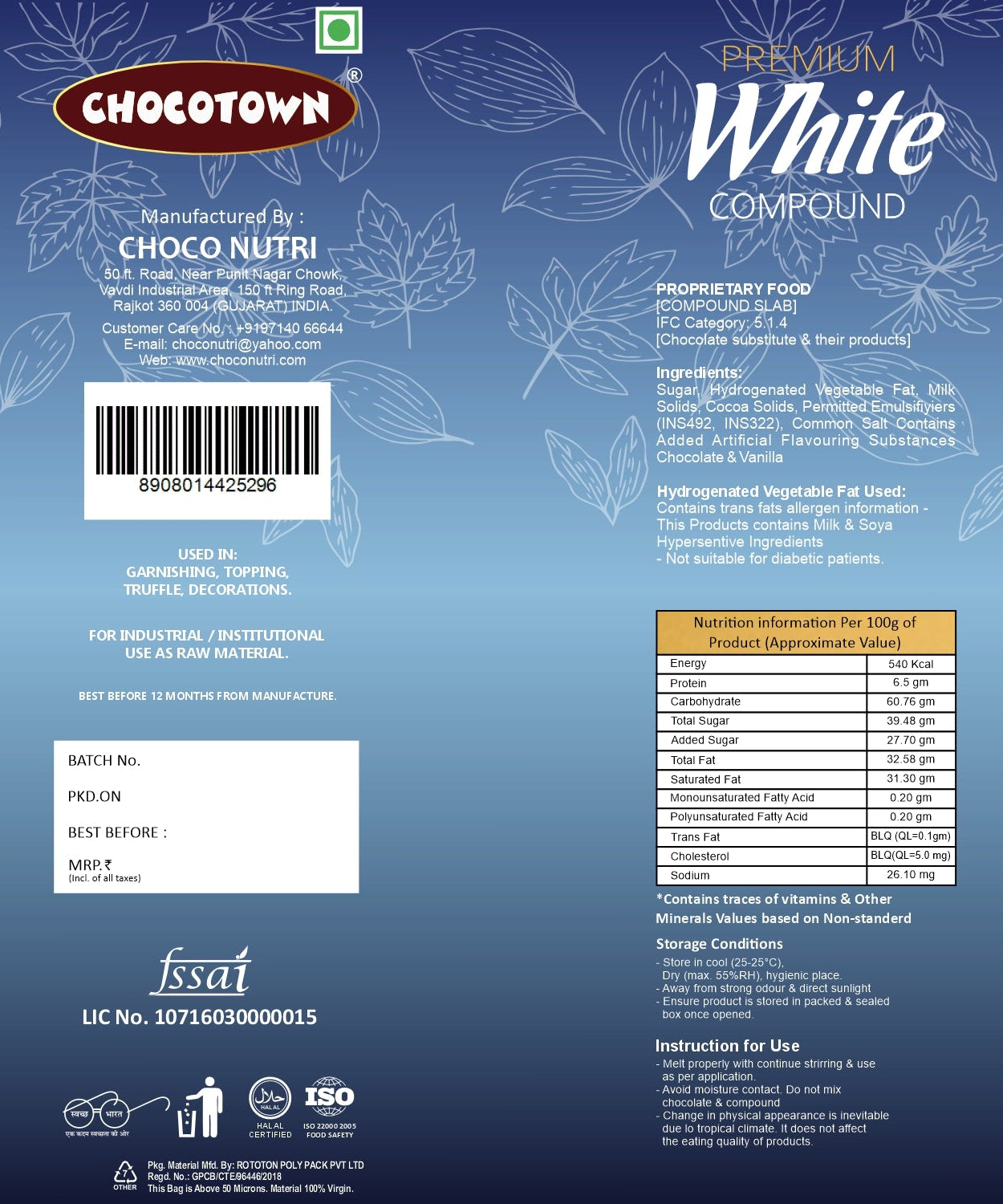 Chocotown Premium White Choco Compound Slab, 500gm