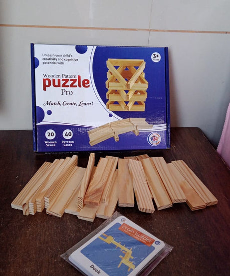 Wooden Pattern Brain Puzzles 20 Pcs Wooden Strips, 40 Pattern Cards (1 Set)