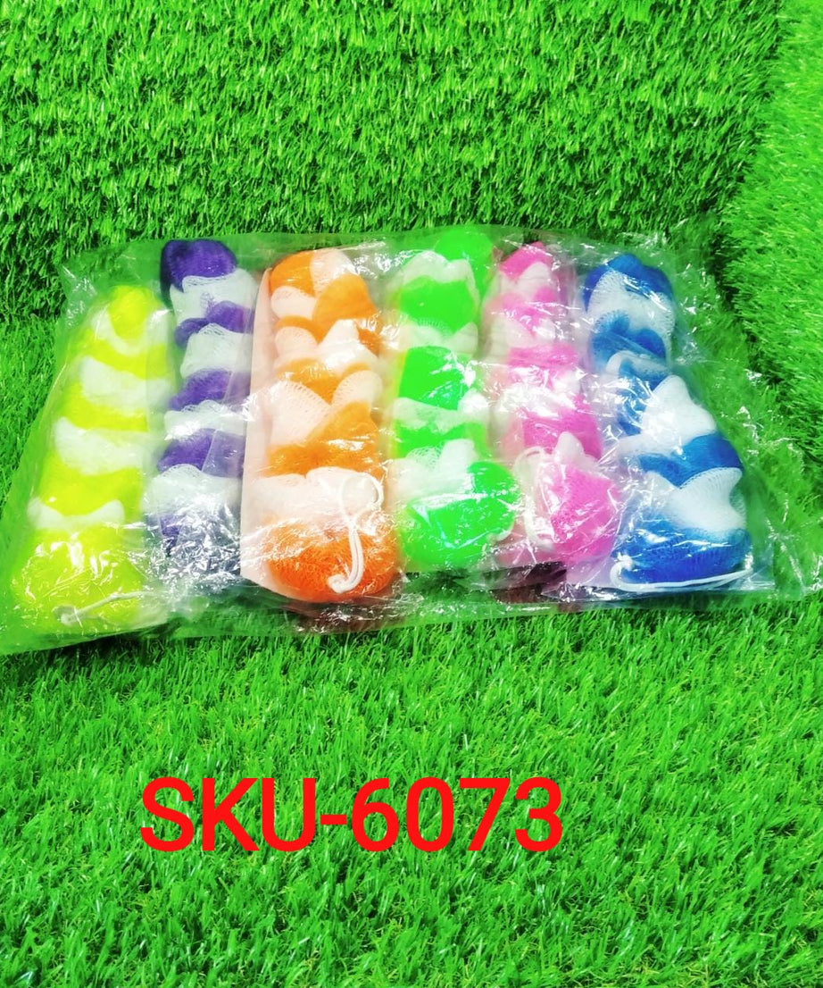 Pack of 6 long body scrubbers, ideal for effective shower cleaning.