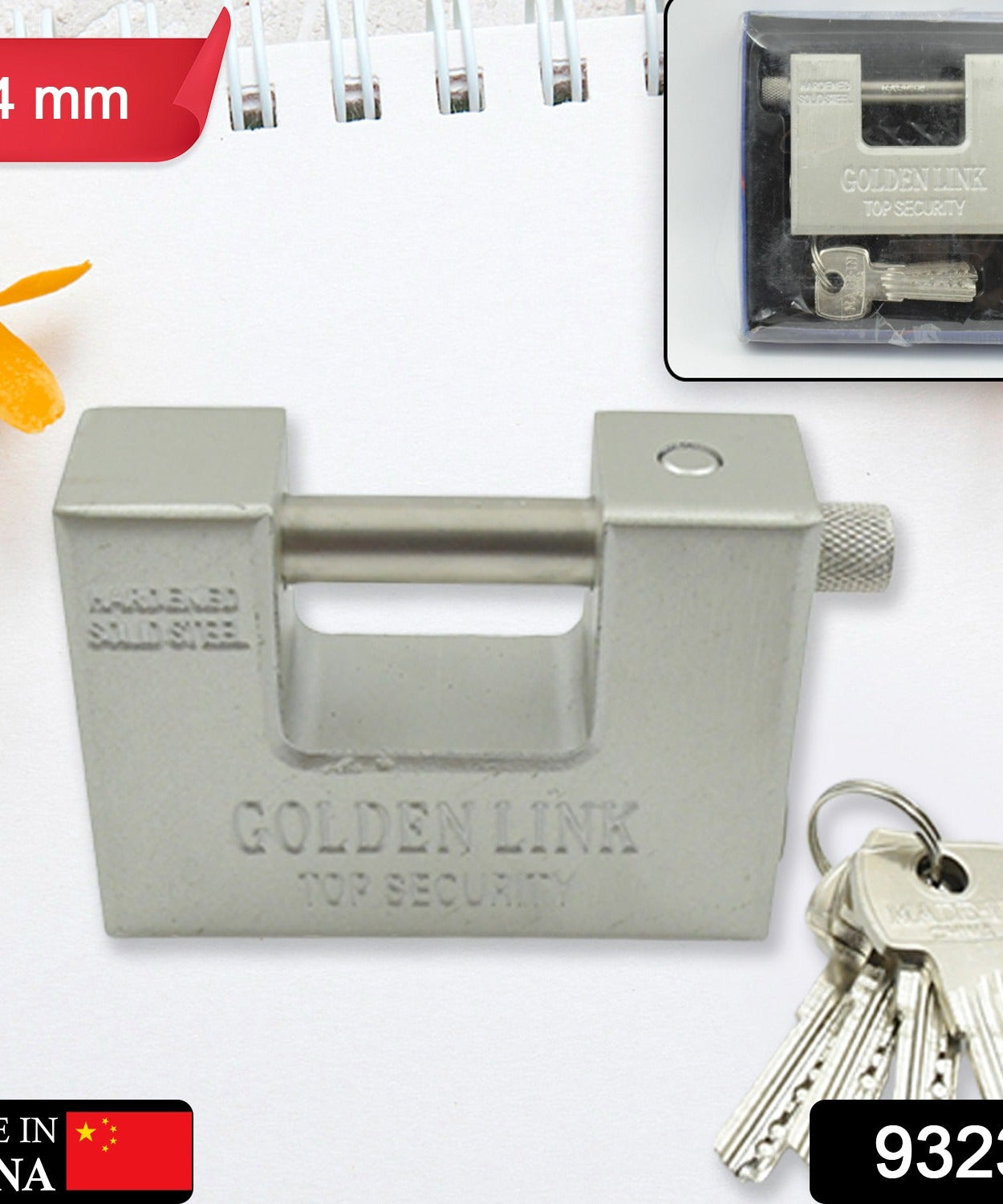 94mm Stainless Steel Padlock: Rectangular, Hardened Steel, 5 Keys