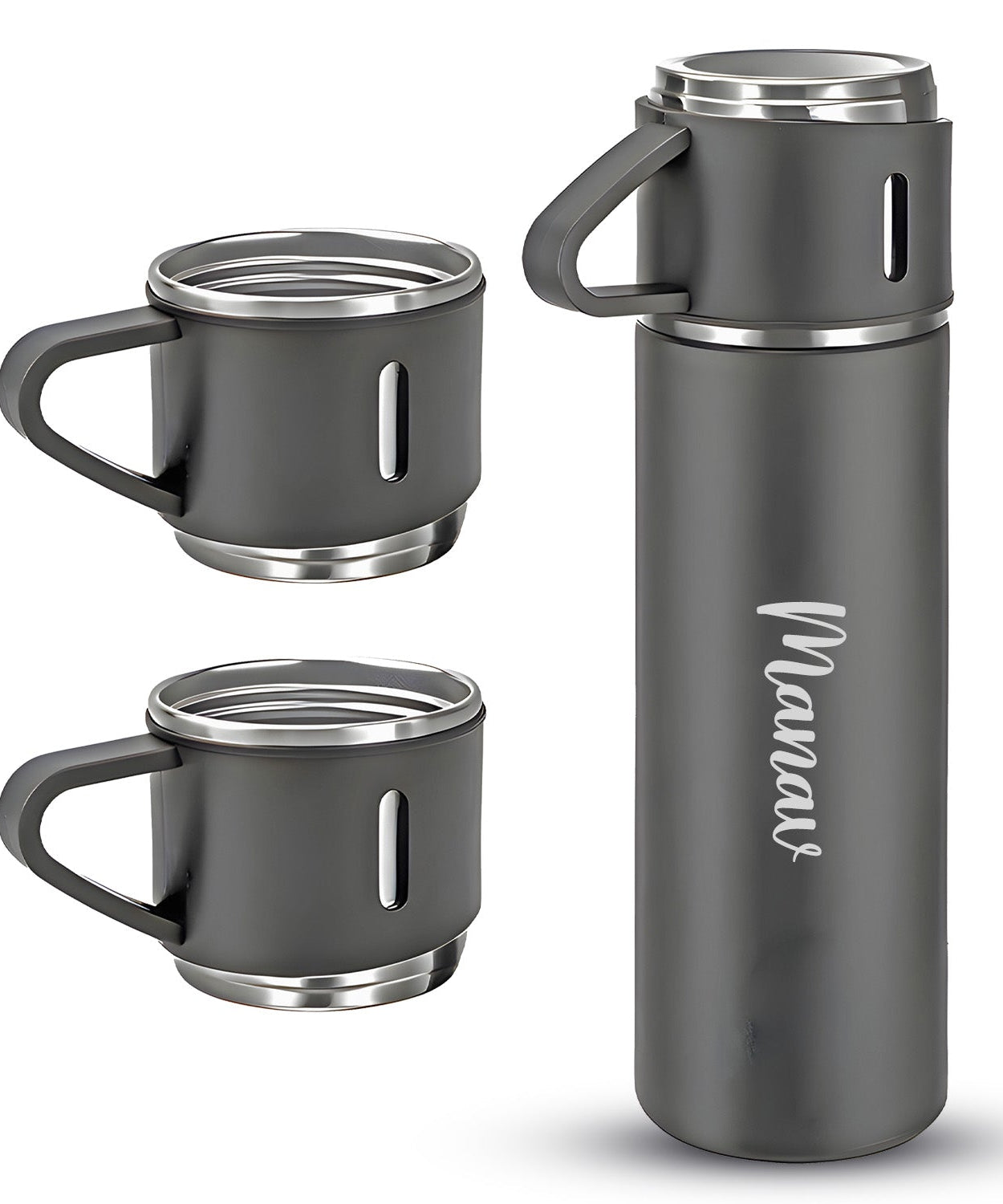 Customized Stainless Steel Vacuum Flask Set with 3 Cups – 500ML | Personalized Name Bottle Gift Combo for Boyfriend, Girlfriend, Employee