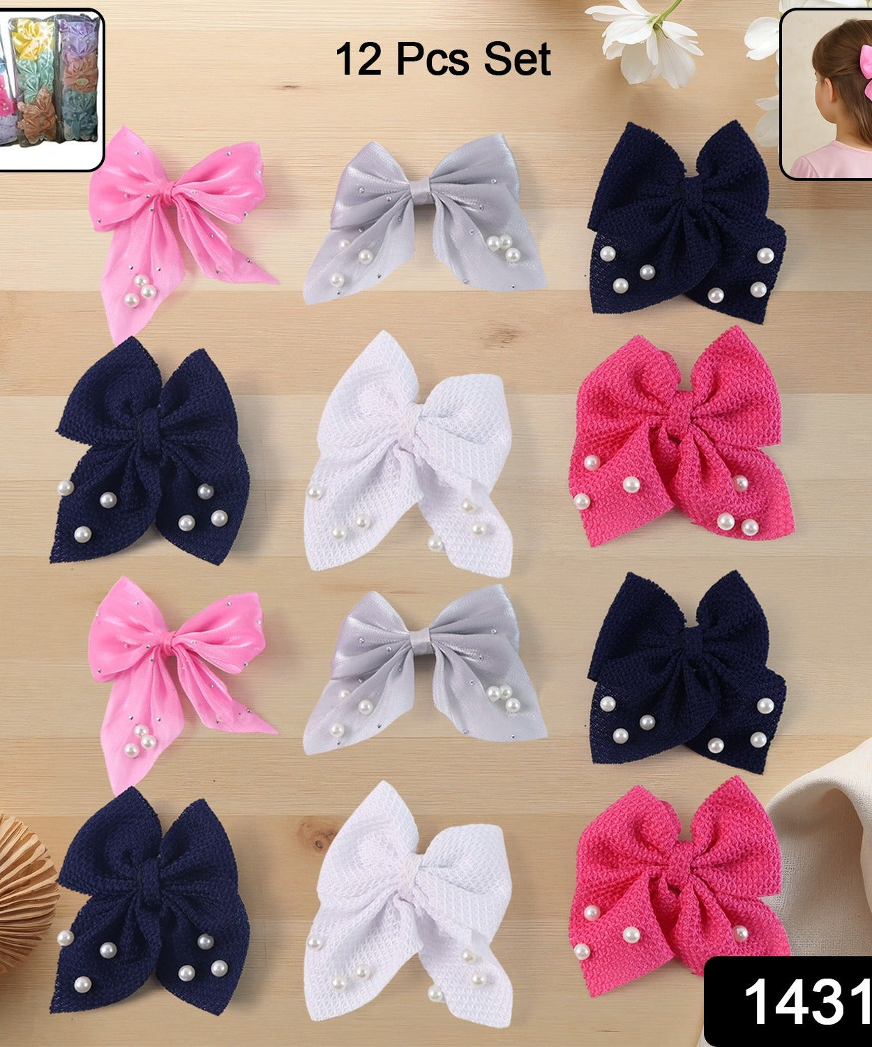 Hair Bow Knot Clip Suitable For Girls (12 Pc / Multicolour & Mix Design) Hair accessories