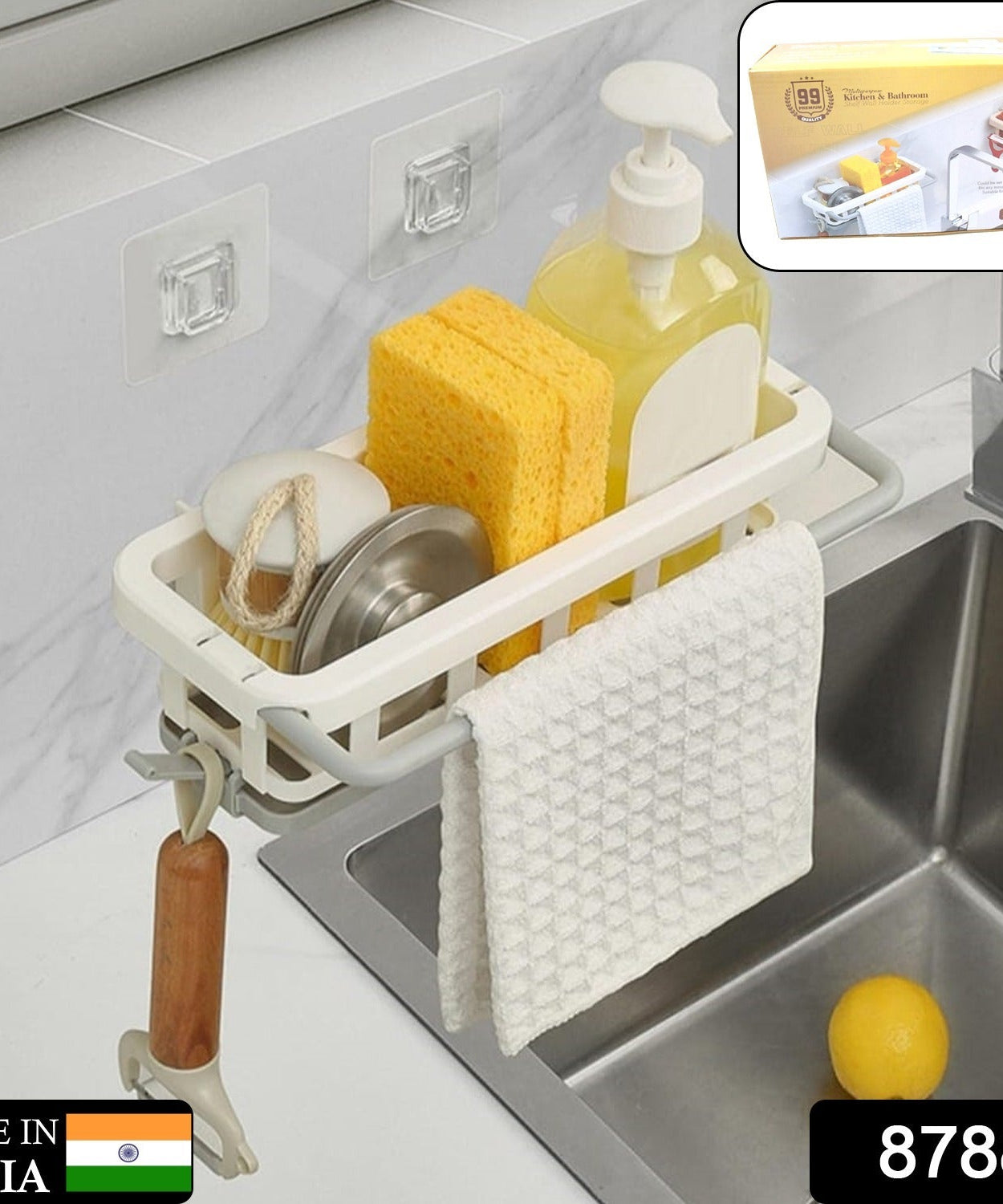 Multipurpose Platic Hanging Drain Rack Retractable Sponge Storage Hanging Rack With Adhesive Hook for Kitchen and Bathroom Dishcloth Holders Basket Drying Tray Organizer