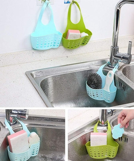 Adjustable sink basket for organizing and draining water from kitchen or bathroom essentials.