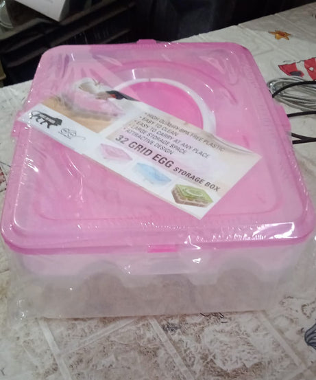 2Layer, 32 Grid Egg Tray with Lid Egg Carrier Holder for Refrigerator, Camping Food Storage Container with Handle (1 Pc )