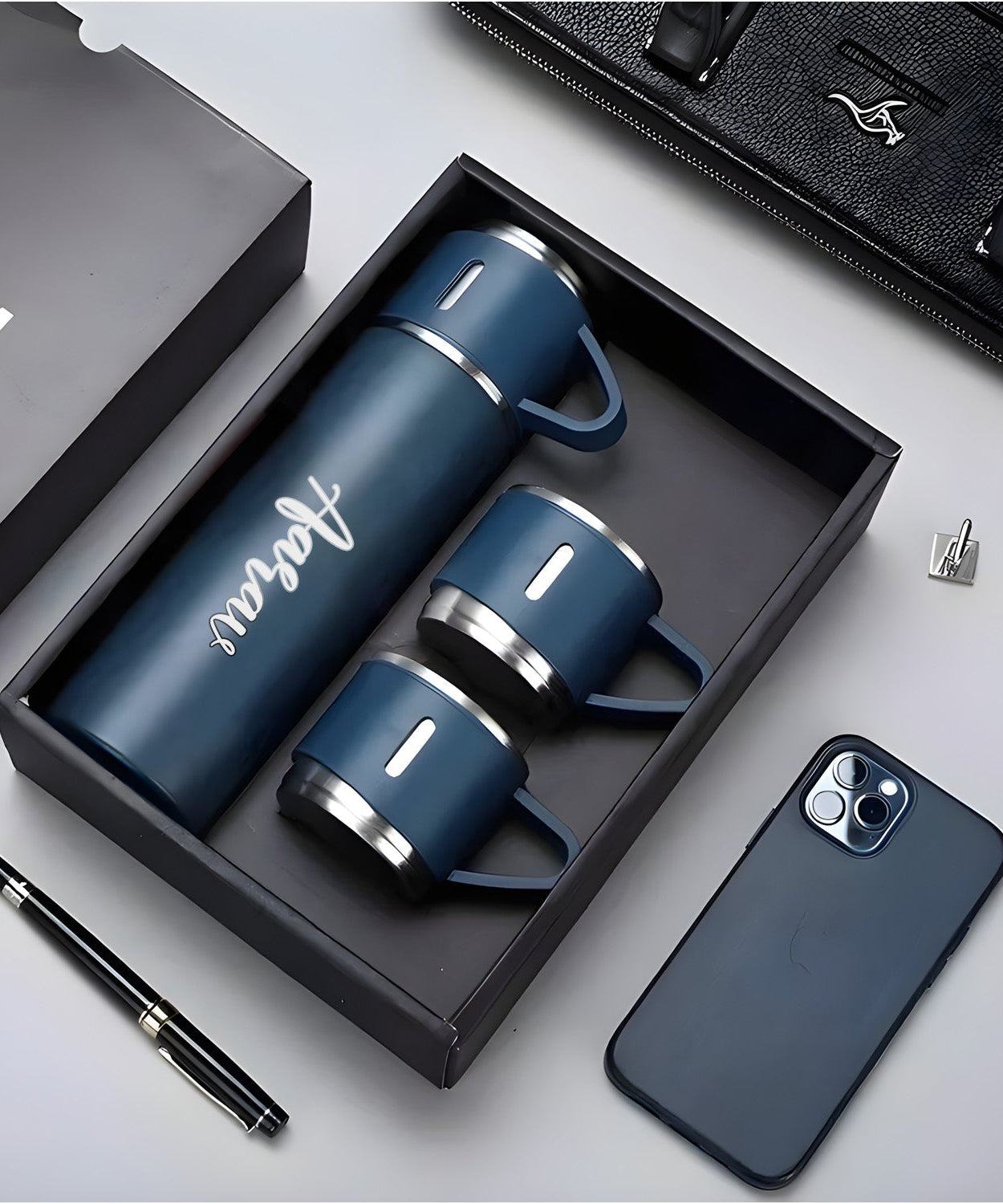 Customized Stainless Steel Vacuum Flask Set with 3 Cups – 500ML | Personalized Name Bottle Gift Combo for Boyfriend, Girlfriend, Employee